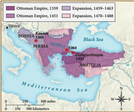 This map shows that during the fourteenth and fifteenth centuries, the Ottoman Empire ​   ​ A)  engaged in trade by way of the Black Sea. B)  succumbed to the Byzantines and lost territory. C)  expanded to the east and west. D)  overtook significant amounts of Islamic territory.