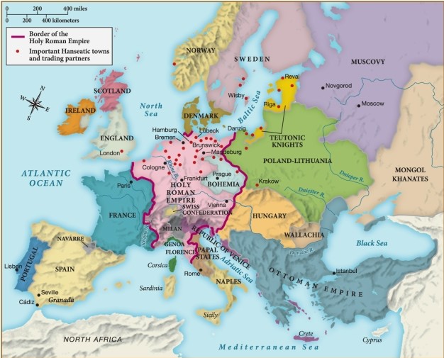 According to this map, most of the important Hanseatic towns and trading partners were ​   ​ A)  controlled by French rulers. B)  run by Jewish people. C)  along the Mediterranean coast. D)  within the Holy Roman Empire.
