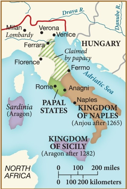 Which of the following statements explains why Italy remained divided at the end of the thirteenth century, as shown in this map? ​   ​ A)  Emperor Frederick II failed in his attempts to unify Italy under his rule. B)  Venetian and Florentine merchants successfully fought off the pope. C)  Muslim invasions from the south prevented unification. D)  The papacy split, with one pretender in Avignon and one in Rome.
