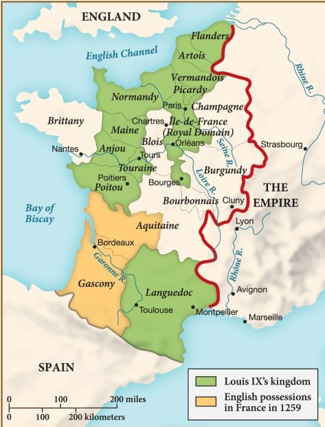 Louis IX's kingdom of France included which of the following regions? ​   ​ A)  Burgundy B)  Normandy C)  Gascony D)  Aquitaine
