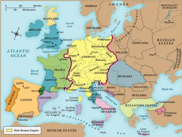 In about 1340, the Holy Roman Empire controlled which of the following? ​   ​ A)  France B)  Germany C)  Hungary D)  England