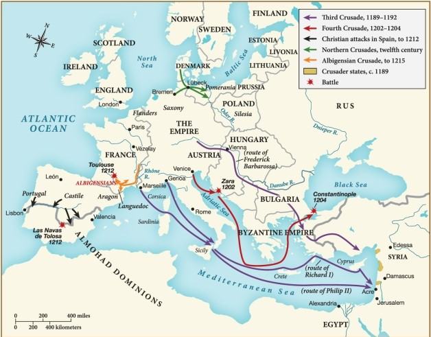 Which of the following statements regarding the Third Crusade is supported by this map? ​   ​ A)  It was primarily contained to France. B)  It was carried out by crusader states against the Empire. C)  It sought to conquer Constantinople in the Byzantine Empire. D)  It traversed the Mediterranean Sea to target the Middle Eastern region.