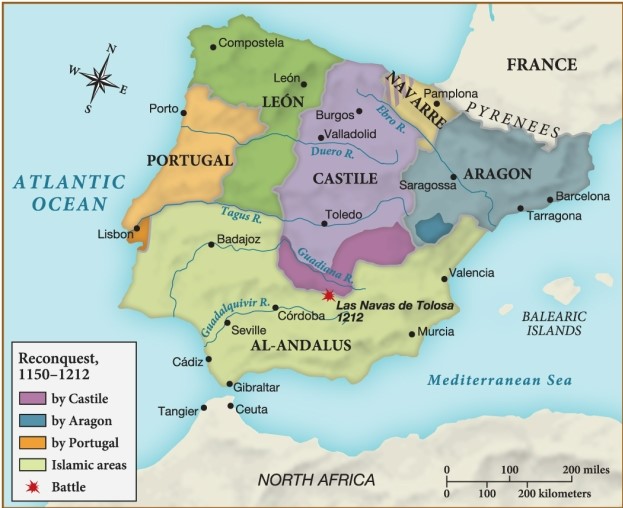 <strong>Based on this map, which region of Spain had the greatest success during the reconquest in reclaiming territory from the Al-Andalus? </strong> A) Castile B) Navarre C) Aragon D) León