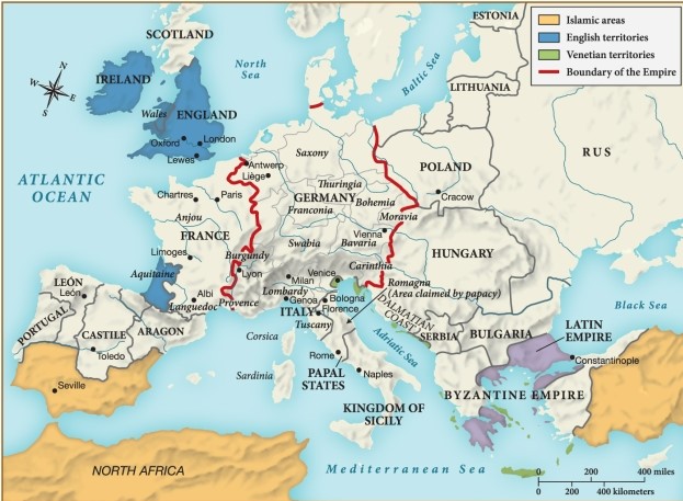 Which of the following statements is justified by this map? ​   ​ A)  By about 1215, the Empire had lost significant ground to the Venetians. B)  By about 1215, most of France had come under control of the English by way of strategic marriages. C)  By about 1215, areas under Islamic influence were primarily isolated to North Africa and the Middle East. D)  By about 1215, the Byzantine Empire was slowly encroaching on eastern European territory sought by Germany.