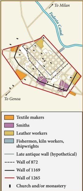 According to this map, which profession operated both within and outside of the city walls by 1265? ​   ​ A)  Textile makers B)  Smiths C)  Leather workers D)  Merchants