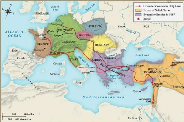 The map reproduced here tells us what about the First Crusade (1096-1099) ? ​   ​ A)  Naval forces were vital to transporting crusaders. B)  Most crusaders came from modern-day France and Germany. C)  Crusaders needed to control river valleys to defeat the Muslims. D)  The Turks employed psychological warfare to divide the Crusaders.