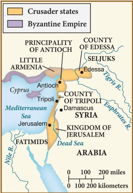 Which of the following statements is supported by this map of the crusader states in 1109? ​   ​ A)  By 1109, the crusader states had conquered the Byzantine Empire in its entirety. B)  The Byzantine Empire had expanded significantly to conquer most of the crusader states by this time. C)  The kingdom of Jerusalem had been completely overtaken by the Byzantine Empire by this time. D)  By 1109, the crusader states had occupied a small area of the Byzantine Empire.