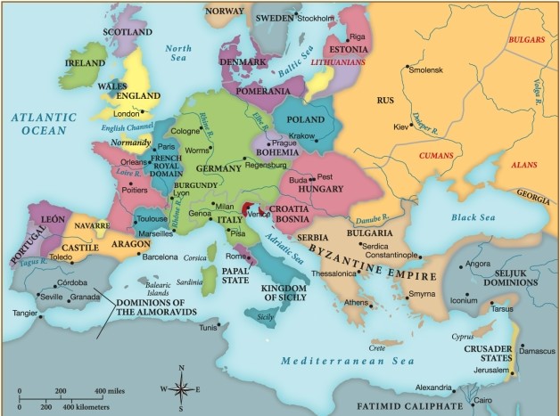 According to this map, by 1150, a significant portion of North Africa, Spain, and the Middle East were under the control of ​   ​ A)  Rus. B)  the Byzantine Empire. C)  Muslim rulers. D)  Germany.