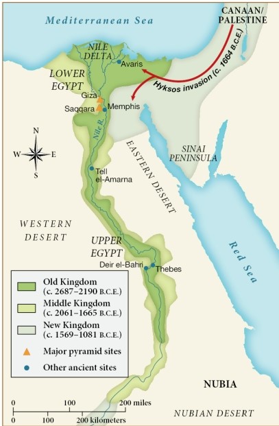 According to this map, which geographical feature appears to have been the most important to ancient Egyptian civilizations? ​   ​ A)  The Nubian Desert B)  The Red Sea C)  The Nile River D)  The Western Desert