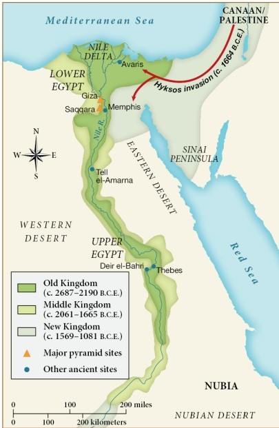 Which of the following statements is justified by this map? ​   ​ A)  The Hyksos invasion led to the downfall of the Old Kingdom. B)  During the Old Kingdom, Greek influences began to pervade Egypt. C)  Egyptian civilization never extended beyond ten miles from the Nile River D)  During the New Kingdom, Egypt expanded to its greatest extent.