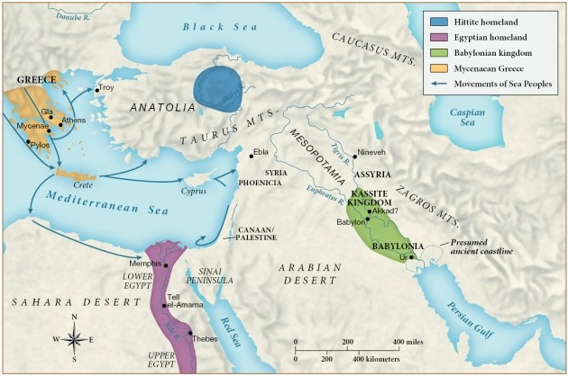 Based on this map, why were the Egyptian and Mycenaean Greek civilizations especially susceptible to invasion by the Sea Peoples? ​   ​ A)  They lacked significant walls and other structures to deter such invasions. B)  They bordered waterways, which is how the Sea Peoples traveled. C)  They had only deserts as deterrents, which the Sea Peoples traveled through easily. D)  They lacked the dense forests from which other kingdoms and regions benefitted.