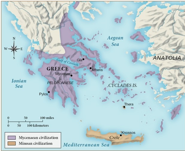 According to this map, Mycenaean civilization primarily occupied which region? ​ ​   ​ A)  Crete B)  Cyclades Islands C)  Greece D)  Anatolia