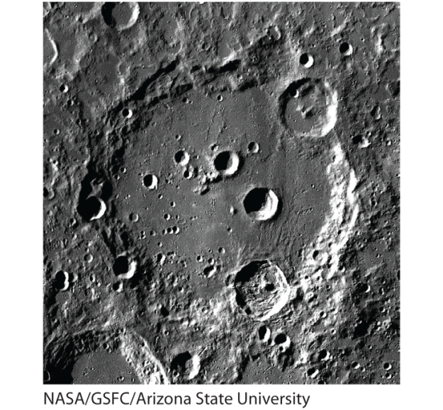 Figure 10-4 of Universe, 11th ed., shows the Crater Clavius. It is 232 km in diameter, but it has relatively few smaller craters within it. This suggests that: ​   ​ A) Crater Clavius is not very old. B) the smaller craters are older than Clavius itself. C) Clavius is of volcanic origin. D) Clavius is an impact crater but the smaller craters are volcanic.