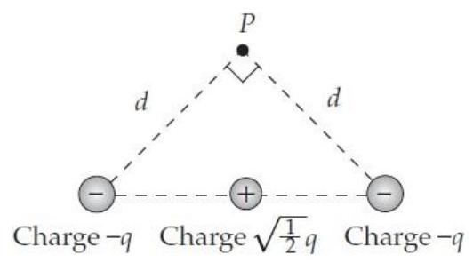  What is the direction of the electric field vector  \vec{E}  at point  P  in the situation shown below? (Assume that the balls are actually point particles, they are equally spaced, and that the negative particles are equidistant from  P .)    A)  A B)  B C)  C D)  D E)  zero F)  Other G)  AA H)  BB I)   \mathrm{CC}  J)  DD 