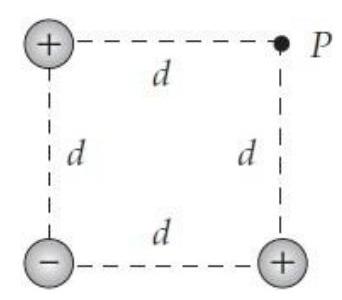  What is the direction of the electric field vector  \vec{E}  at point  P  in the situation shown below? (Assume that the balls are actually point particles with the same magnitudes of charge.)    A)  A B)  B C)  C D)  D E)  zero F)  Other G)  AA H)  BB I)  CC J)  DD 