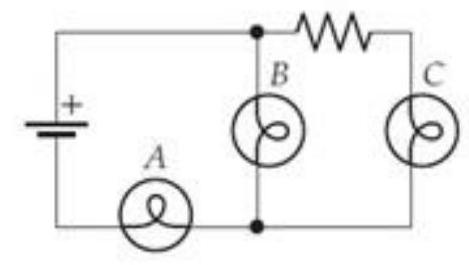 Assume that all the circuit elements have the same resistance. -(a)  Which bulb is (or bulbs are)  brightest?   A)  Bulb A B)  Bulb B C)  Bulb C D)  All three bulbs are equally bright.