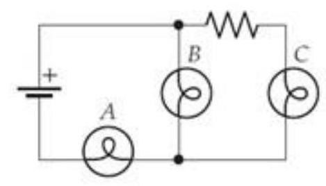 Assume that all the circuit elements have the same resistance. -(b)  Which bulb is (or bulbs are)  dimmest? (To indicate a pair of bulbs using the letters at the back of the book, point to two letters at the same time.)    A)  Bulb A B)  Bulb B C)  Bulb C D)  All three bulbs are equally bright.
