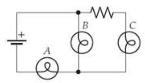  If you were to unscrew bulb  A  from its socket (effectively removing it from the circuit and leaving a gap in its place) , bulb  B  would   A)  get brighter. B)  become dimmer. C)  remain at the same brightness. D)  go out. 
