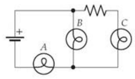 If you were to unscrew bulb  B  from its socket (effectively removing it from the circuit and leaving a gap in its place) , bulb  A  would   A)  get brighter. B)  become dimmer. C)  remain at the same brightness. D)  go out. 