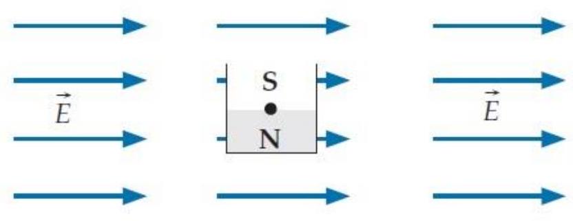  Consider a compass with a square magnet placed in a uniform electric field, as shown below.   If the magnet is free to pivot around an axis pointing toward the viewer that goes through the point at the magnet's center, which way will it turn (if it does)  in this field? A)  Clockwise, to align itself with the field. B)  Counter clockwise, to align itself with the field. C)   180^{\circ}  either clockwise or counter clockwise. D)  It won't turn, as it is already aligned with the field. E)  It won't turn, because the field wants to twist it around a different axis altogether. F)  It won't turn because it is not affected by this field. 