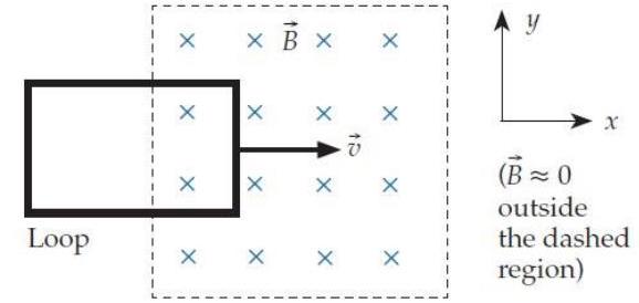  Imagine that we constrain a rectangular loop to move through a square region where the magnetic field  \vec{B}  is uniform and downward (in the  -z  direction) , as shown below. Assume that  \vec{B} \approx 0  outside that region.     We can divide the loop's motion up into five phases: For each of the five phases, which of the following is true? -(a)  The loop has not yet entered the magnetic field. A)  Current flows clockwise in the loop. B)  Current flows counterclockwise in the loop. C)  Current does not flow in the loop. 