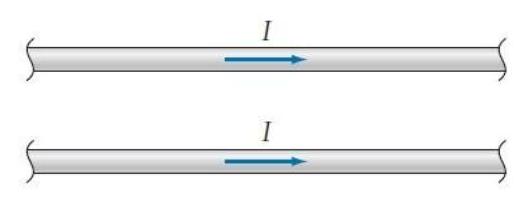 Imagine placing two long wires parallel to each other. If conventional currents flow through them in the directions shown, will the wires attract each other, repel each other, or exert no net force on each other?   A)  Attract each other B)  Repel each other C)  Exert no net force on each other
