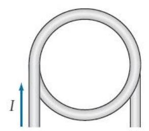 The picture below shows an end view of a loop conducting a conventional current in the direction shown. The magnetic field at the loop's center   A)  points toward the viewer. B)  points away from the viewer. C)  points to the left. D)  points to the right. E)  is zero at the center. F)  is nonzero but has a direction we can't determine without more information.