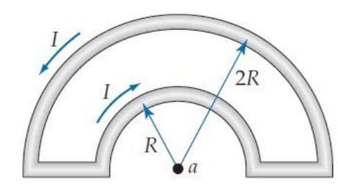  A loop bent in the shape below carries a conventional current in the direction marked. What is the magnitude  |\vec{B}|  of the magnetic field at the point  a  on the diagram -(b)  due to the entire loop?   A)   \mu_{0} / / 4 \pi R  B)   \mu_{0} / / 4 R  C)   \mu_{0} / / 8 R  D)   \mu_{0} / / 2 R  E)   \mu_{0} / / R  F)  Zero 