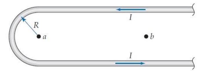 Consider a wire bent in the hairpin shape shown below. The wire carries a conventional current I as shown. What is the magnitude  |\vec{B}|  of the magnetic field -(b)  at point  b  ?   A)   \mu_{0} / / 4 \pi R  B)   \mu_{0} / / 2 \pi R  C)   \mu_{0} \| \pi R  D)   \mu_{0} I / R  E)   (2+\pi)  \mu_{0} \| / 4 \pi R  F)  Zero 