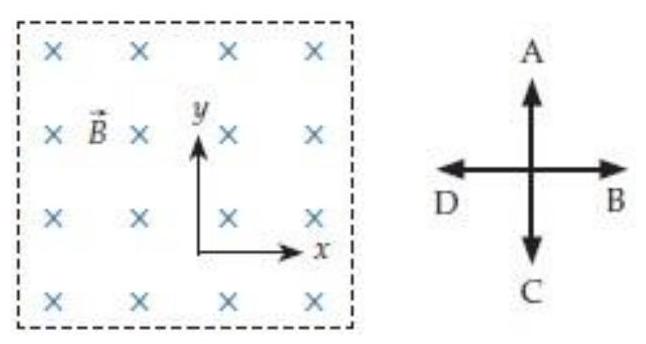 Consider a magnetic field that (as shown in the diagram to the left below)  points purely in the  -z  direction in the unprimed frame (the  +z  axis points toward the viewer in the drawing) . There is zero electric field in this frame.     Consider a primed frame that moves in the  +x  direction with respect to the unprimed frame. Choose from the answers above and to the right to indicate the direction of -(b)  the magnetic field in the primed frame. A)  A B)  B C)  C D)  D E)  Toward the viewer F)  Away from the viewer  T . There is no field of this type. 