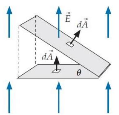  Consider the two surfaces shown below. They are both immersed in a uniform vertical electric field. (The tile vectors shown are for a typical tile on each surface.)    For which surface is the value of  \int \vec{E} \cdot d \vec{A}  larger? A)  The horizontal surface. B)  The tilted surface. C)  The value is the same nonzero number for both. D)  The value is zero for both surfaces. E)  One cannot compare the values from what is given. 