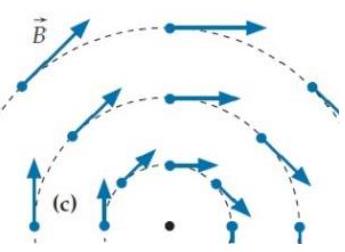 Each of the four diagrams below shows a hypothetical magnetic field in a certain region of empty space where the electric field is constant in time. -(c)    Which of the fields are physically impossible and why? A)  This field violates the Ampere-Maxwell law. B)  This field violates Gauss's law for the magnetic field. C)  The field violates both of the above laws. D)  This field is physically possible.