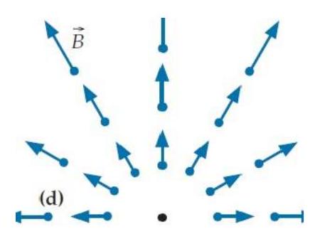 Each of the four diagrams below shows a hypothetical magnetic field in a certain region of empty space where the electric field is constant in time. -(d)    Which of the fields are physically impossible and why? A)  This field violates the Ampere-Maxwell law. B)  This field violates Gauss's law for the magnetic field. C)  The field violates both of the above laws. D)  This field is physically possible.