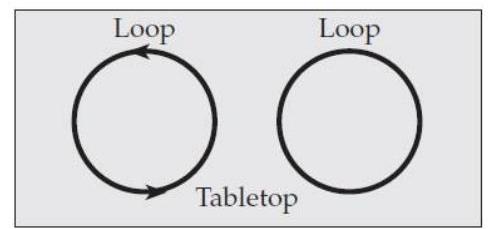 Consider two circular loops sitting side by side on a tabletop, as shown in the top view below. Current flows as shown in the left loop but that current is decreasing.   The current in the right loop flows in which direction? A)  Clockwise. B)  Counterclockwise. C)  No current flows in the right loop. D)  One needs more information to answer.
