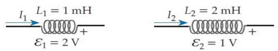 Consider the two inductors shown below (which are in independent circuits) . The induced emf in each inductor is such that the inductor behaves like a battery with its positive end to the right.    -(a)  Which inductor carries the larger current? A)  Inductor 1 B)  Inductor 2 C)  The current or change in current is the same in both. D)  One needs more information to answer the question.