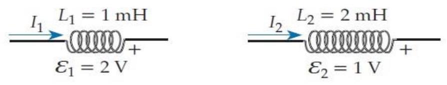 In the inductors shown in problem E20T.1, the current shown flowing through each coil must be   A)  increasing. B)  decreasing. C)  remaining constant. D)  One needs more information to say how it is varying.