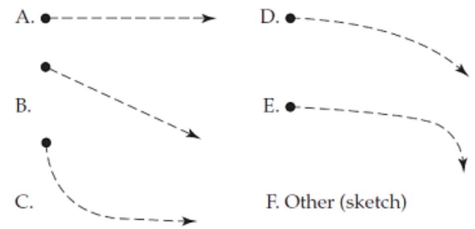 <strong>Consider the person described in problem N3T.6. The person's trajectory will look most like which of the following? (The dot shows the person's position at t=0 and east is to the right and north to the top.) </strong> A) A B) B C) C D) D E) E F) F
