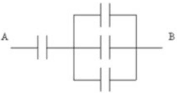  The arrangement shown is composed of four  6.0 \mathrm{mF}  capacitors. What is the capacitance of the combination?   A)   24.0 \mathrm{mF}  B)   8.0 \mathrm{mF}  C)   9.0 \mathrm{mF}  D)   4.5 \mathrm{mF}  E)   12.5 \mathrm{mF}