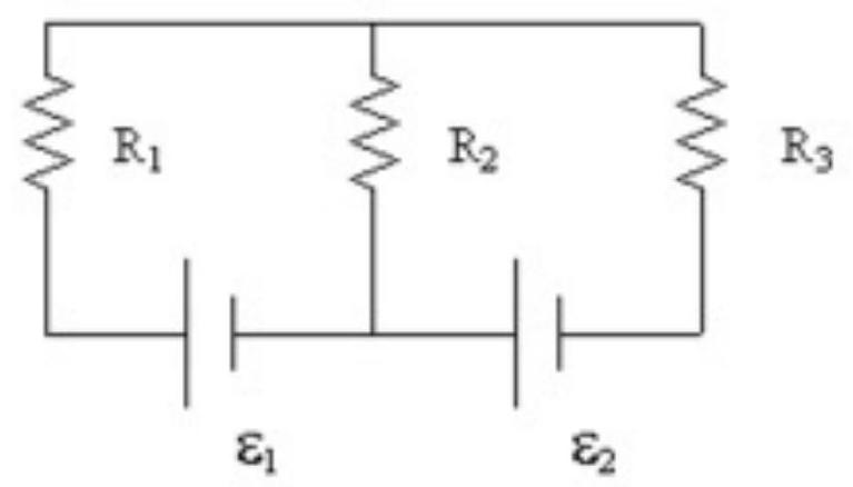  If  \mathrm{R}_{1}=6 \Omega, \mathrm{R}_{2}=8 \Omega, \mathrm{R}_{3}=2 \Omega, \varepsilon_{1}=4 \mathrm{~V} , and  \varepsilon_{2}=14 \mathrm{~V} , what is the current in  \mathrm{R}_{2}  ?   A)  1 A down B)   2.5 \mathrm{~A}  up C)  2.5 A down D)  5 A down E)   1 \mathrm{~A}  up 