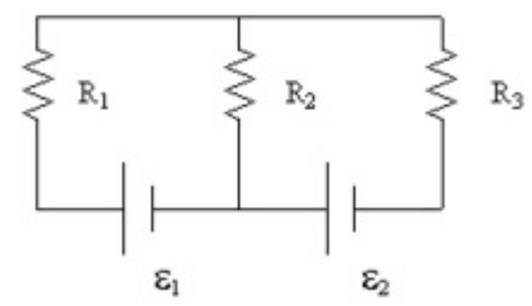 If  \mathrm{R}_{1}=6.0 \Omega, \mathrm{R}_{2}=8.0 \Omega, \mathrm{R}_{3}=2.0 \Omega, \varepsilon_{1}=4.0 \mathrm{~V} , and  \varepsilon_{2}=14 \mathrm{~V} , what is the power supplied to the circuit by  \varepsilon_{1}  ?   A)   4.0 \mathrm{~W}  B)   16 \mathrm{~W}  C)   20 \mathrm{~W}  D)   8.0 \mathrm{~W}  E)   12 \mathrm{~W}