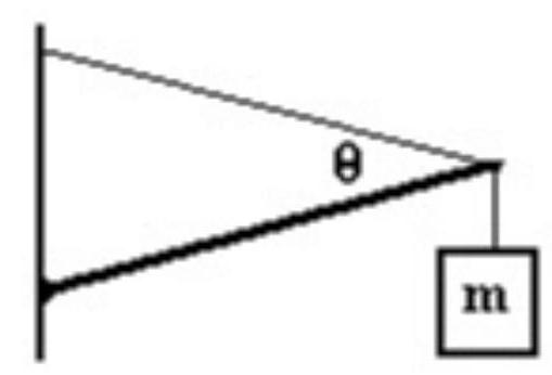<strong>A 1.500 \mathrm{~m} long uniform beam of mass 30.00 \mathrm{~kg} is supported by a wire as shown in the figure. The beam makes an angle of 10.00 degrees with the horizontal and the wire makes an angle of 30.00 degrees with the beam. A 50.00 \mathrm{~kg} mass, \mathrm{m} , is attached to the end of the beam. What is the tension in the wire? </strong> A) 1,855 \mathrm{~N} B) 1,255 \mathrm{~N} C) 1,435 \mathrm{~N} D) 2,034 \mathrm{~N} E) 1,035 \mathrm{~N}