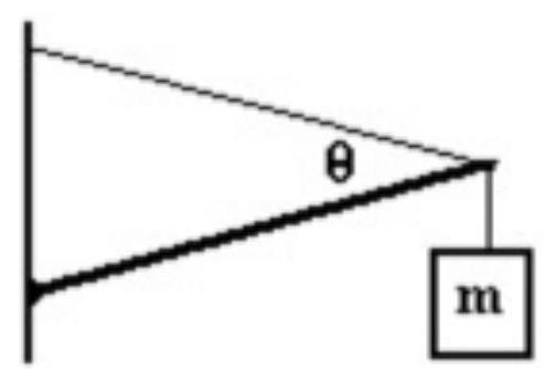 <strong>A 1.500 \mathrm{~m} long uniform beam of mass 30.00 \mathrm{~kg} is supported by a wire as shown in the figure. The beam makes an angle of 10.00 degrees with the horizontal and the wire makes an angle of 30.00 degrees with the beam. A 50.00 \mathrm{~kg} mass, \mathrm{m} , is attached to the end of the beam. What are the vertical and horizontal components of the force of the wall on the beam at the hinge? </strong> A) \mathrm{H}=1,458 \mathrm{~N}, \mathrm{~V}=454.0 \mathrm{~N} B) \mathrm{H}=750 \mathrm{~N}, \mathrm{~V}=297.3 \mathrm{~N} C) \mathrm{H}=1,300 \mathrm{~N}, \mathrm{~V}=403.4 \mathrm{~N} D) \mathrm{H}=979 \mathrm{~N}, \mathrm{~V}=324.5 \mathrm{~N} E) \mathrm{H}=1,179 \mathrm{~N}, \mathrm{~V}=354.9 \mathrm{~N}