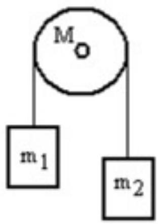 <strong>A mass m_{1} is connected by a light string that passes over a pulley of mass M to a mass m_{2} as shown in the figure. Both masses move vertically and there is no slippage between the string and the pulley. The pulley has a radius of 30.0 \mathrm{~cm} and a moment of inertia of \mathrm{MR}^{2} . If \mathrm{m}_{1} is 4.00 \mathrm{~kg}, \mathrm{~m}_{2} is 3.00 \mathrm{~kg} and \mathrm{M} is 6.00 \mathrm{~kg} , then what is the magnitude of the acceleration of the masses? </strong> A) 0.695 \mathrm{~m} / \mathrm{s}^{2} B) 0.754 \mathrm{~m} / \mathrm{s}^{2} C) 0.805 \mathrm{~m} / \mathrm{s}^{2} D) 0.703 \mathrm{~m} / \mathrm{s}^{2} E) 0.731 \mathrm{~m} / \mathrm{s}^{2}
