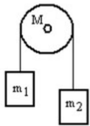 <strong>A mass m_{1} is connected by a light string that passes over a pulley of mass M to a mass m_{2} as shown in the figure. Both masses move vertically and there is no slippage between the string and the pulley. The pulley has a radius of 30.0 \mathrm{~cm} and a moment of inertia of \mathrm{MR}^{2} . If \mathrm{m}_{1} is 4.00 \mathrm{~kg}, \mathrm{~m}_{2} is 3.00 \mathrm{~kg} and \mathrm{M} is 6.00 \mathrm{~kg} , then what is the tension in the string that is attached to m_{1} ? </strong> A) 58.2 \mathrm{~N} B) 74.5 \mathrm{~N} C) 36.2 \mathrm{~N} D) 44.6 \mathrm{~N} E) 60.6 \mathrm{~N}
