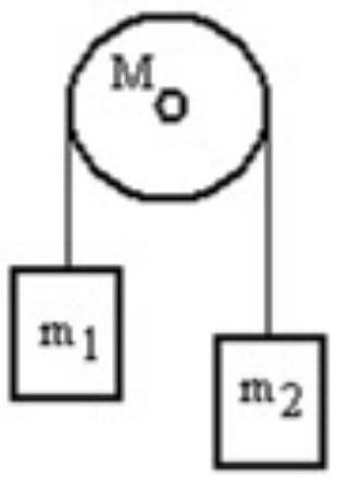 <strong>A mass m_{1} is connected by a light string that passes over a pulley of mass M to a mass m_{2} as shown in the figure. Both masses move vertically and there is no slippage between the string and the pulley. The pulley has a radius of 20.0 \mathrm{~cm} and a moment of inertia of 1 \frac{1}{2} \mathrm{MR}^{2} . If \mathrm{m}_{1} is 3.00 \mathrm{~kg}, \mathrm{~m}_{2} is 6.00 \mathrm{~kg} and \mathrm{M} is 4.00 \mathrm{~kg} , then what is the tension in the string that is attached to mass \mathrm{m}_{2} ? </strong> A) 63.4 \mathrm{~N} B) 42.8 \mathrm{~N} C) 33.6 \mathrm{~N} D) 53.6 \mathrm{~N} E) 75.5 \mathrm{~N}