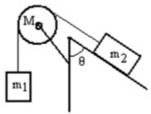<strong>A mass m_{1} is connected by a light string that passes over a pulley of mass M to a mass m_{2} sliding on a frictionless incline as shown in the figure. There is no slippage between the string and the pulley. The pulley has a radius of 25.0 \mathrm{~cm} and a moment of inertia of 1 \frac{1}{2} \mathrm{MR}^{2} . If \mathrm{m}_{1} is 1.00 \mathrm{~kg}, \mathrm{~m}_{2} is 2.00 \mathrm{~kg}, \mathrm{M} is 4.00 \mathrm{~kg} , and the angle is 60.0 degrees, then what is the acceleration of m_{1} ? </strong> A) 0.00 \mathrm{~m} / \mathrm{s}^{2} B) 2.20 \mathrm{~m} / \mathrm{s}^{2} C) 1.20 \mathrm{~m} / \mathrm{s}^{2} D) 1.80 \mathrm{~m} / \mathrm{s}^{2} E) 2.80 \mathrm{~m} / \mathrm{s}^{2}