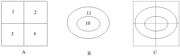 The following figure shows an overlay (Intersect) operation.  A  represents the input (polygon) layer with ID values from 1 to 4;  B  represents the intersect (polygon) layer with the ID values of 10 and 11; and  C  is a graphic representation of the overlay operation.    1) How many polygons will the output have? 2) How many records in the output will have the ID value of 3 from the input layer? 3) How many records in the output will have the ID value of 11 from the intersect layer?