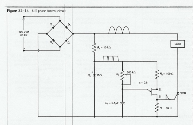 What is the function of D<sub>5</sub> in the circuit shown in Figure 32-14?   A)  rectifies ac B)  provides a positive trigger to the SCR C)  provides voltage for the UJT D)  provides ac to the load