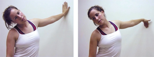 What rehabilitation technique is the patient doing in the two figures to address the median and radial nerve?   A)  Levator scapulae static stretches B)  Active release therapy C)  Neural tension / flossing stretches D)  Positional release therapy E)  Sternocleidomastoid dynamic stretches