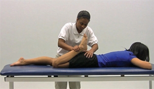 What is this special test checking for?   A)  Tight hamstring muscles B)  Tight iliotibial band C)  Tight rectus femoris D)  Tight gastrocnemius E)  Tights hip flexor